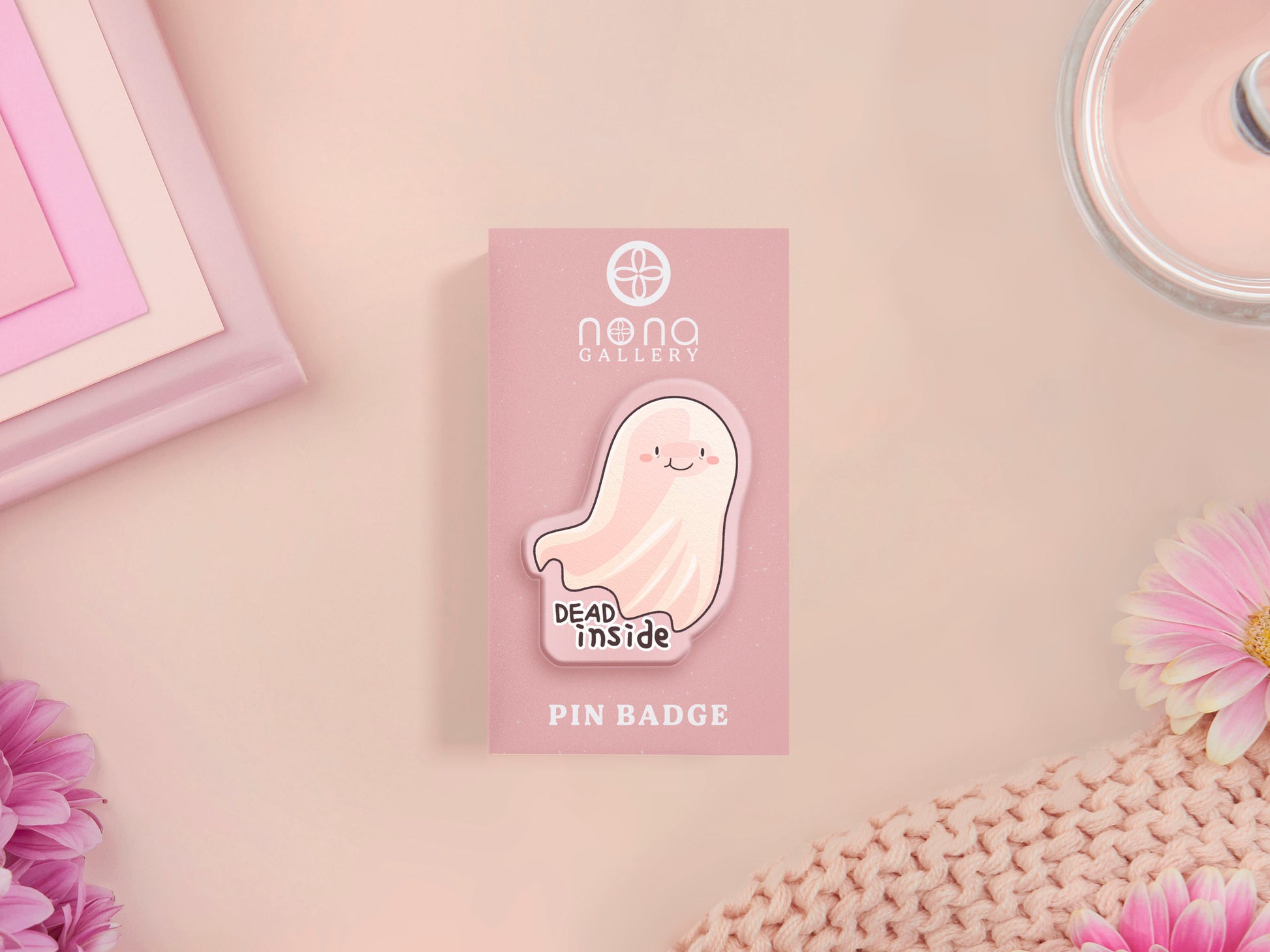 Acrylic transparent pin brooch badge of a cartoon chibi stressed ghost with the words Dead INside underneath.