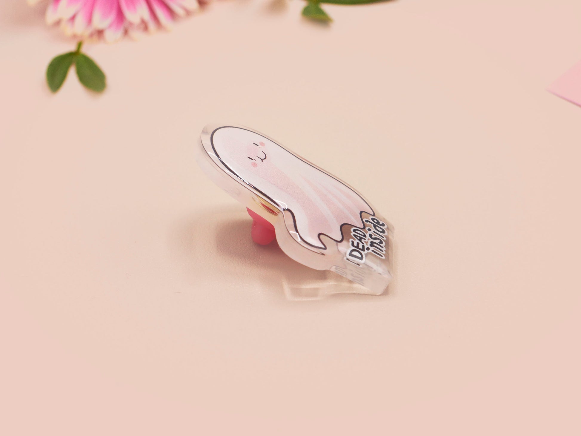 Acrylic transparent pin brooch badge of a cartoon chibi stressed ghost with the words Dead INside underneath.
