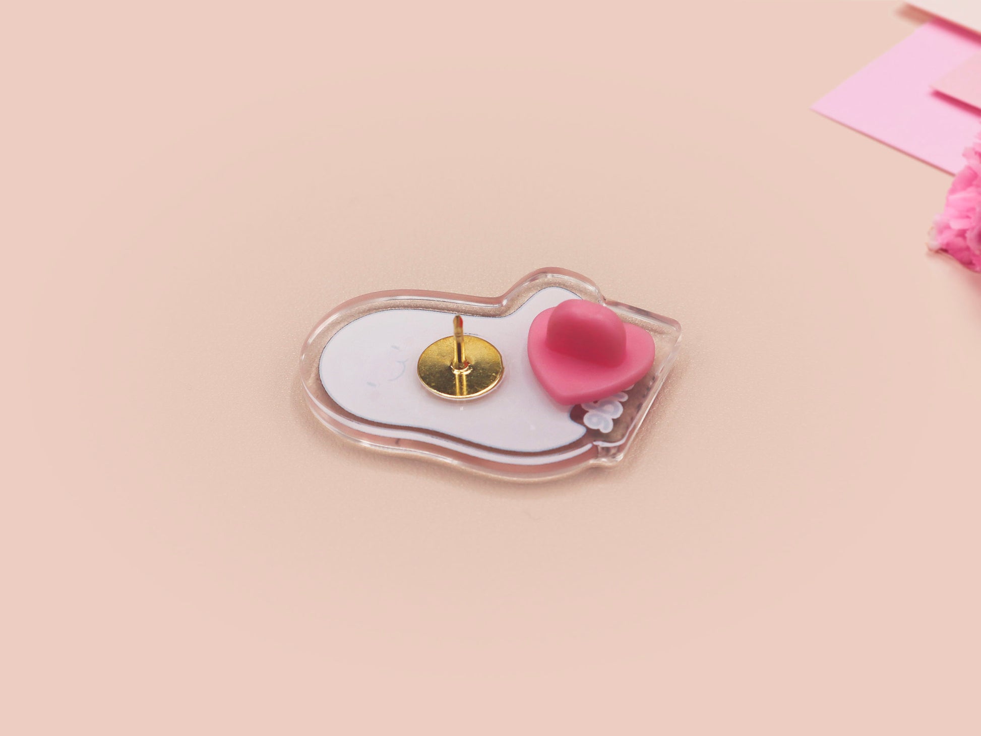 Acrylic transparent pin brooch badge of a cartoon chibi stressed ghost with the words Dead INside underneath.