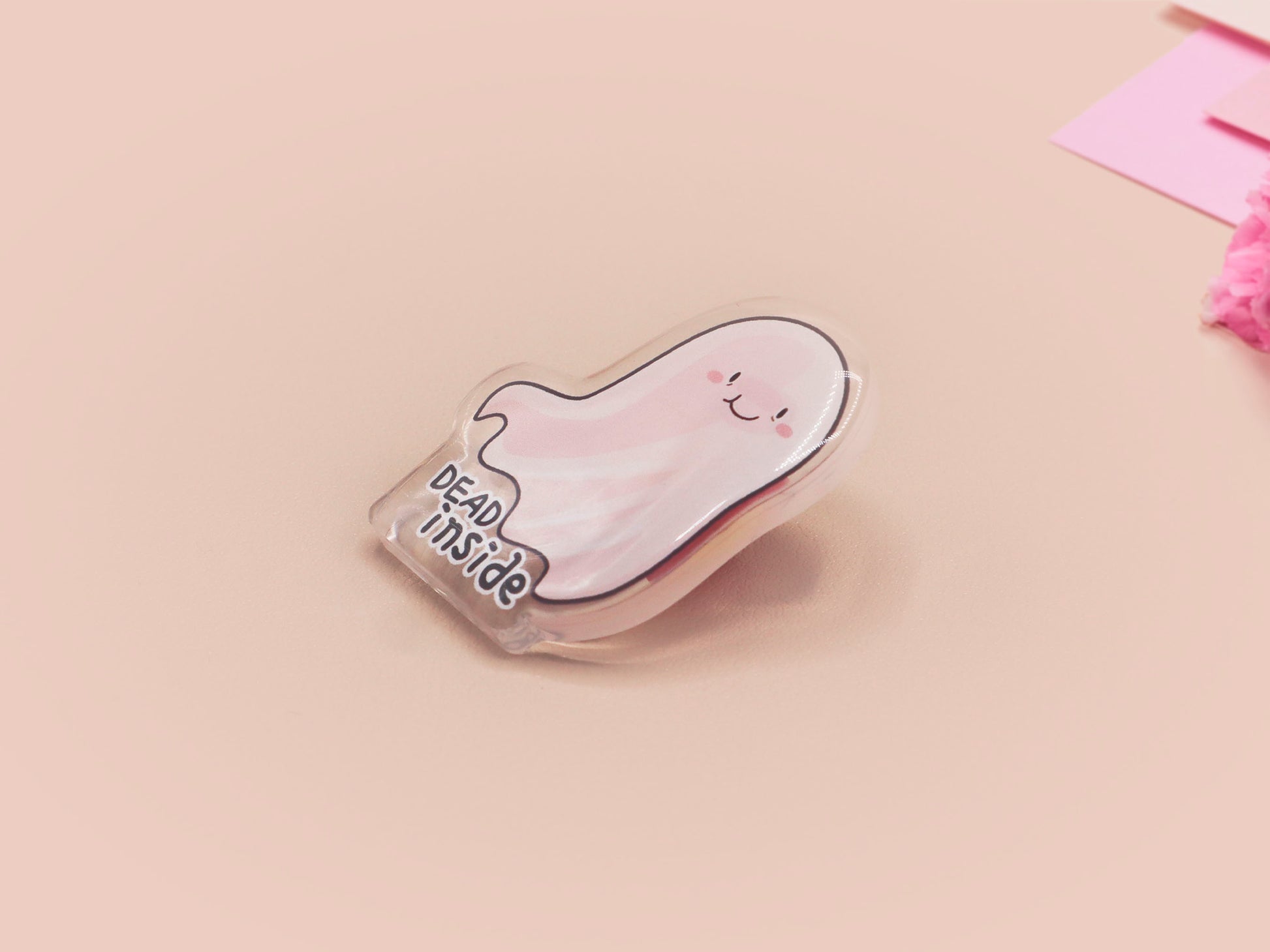 Acrylic transparent pin brooch badge of a cartoon chibi stressed ghost with the words Dead INside underneath.