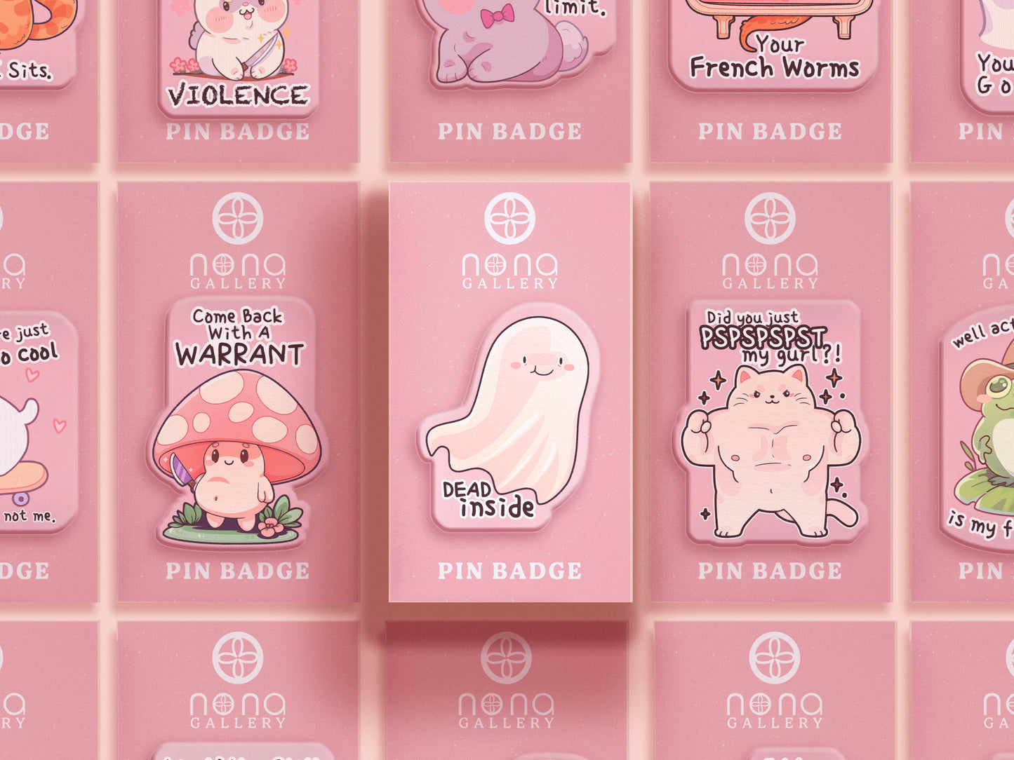 Multiple funny acrylic pin badges on pink backing cards, all with different cute cartoon designs.