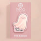 Acrylic transparent pin brooch badge of a cartoon chibi stressed ghost with the words Dead INside underneath.
