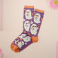 Cute knitted cotton crew socks with an autumn-themed ghost design.