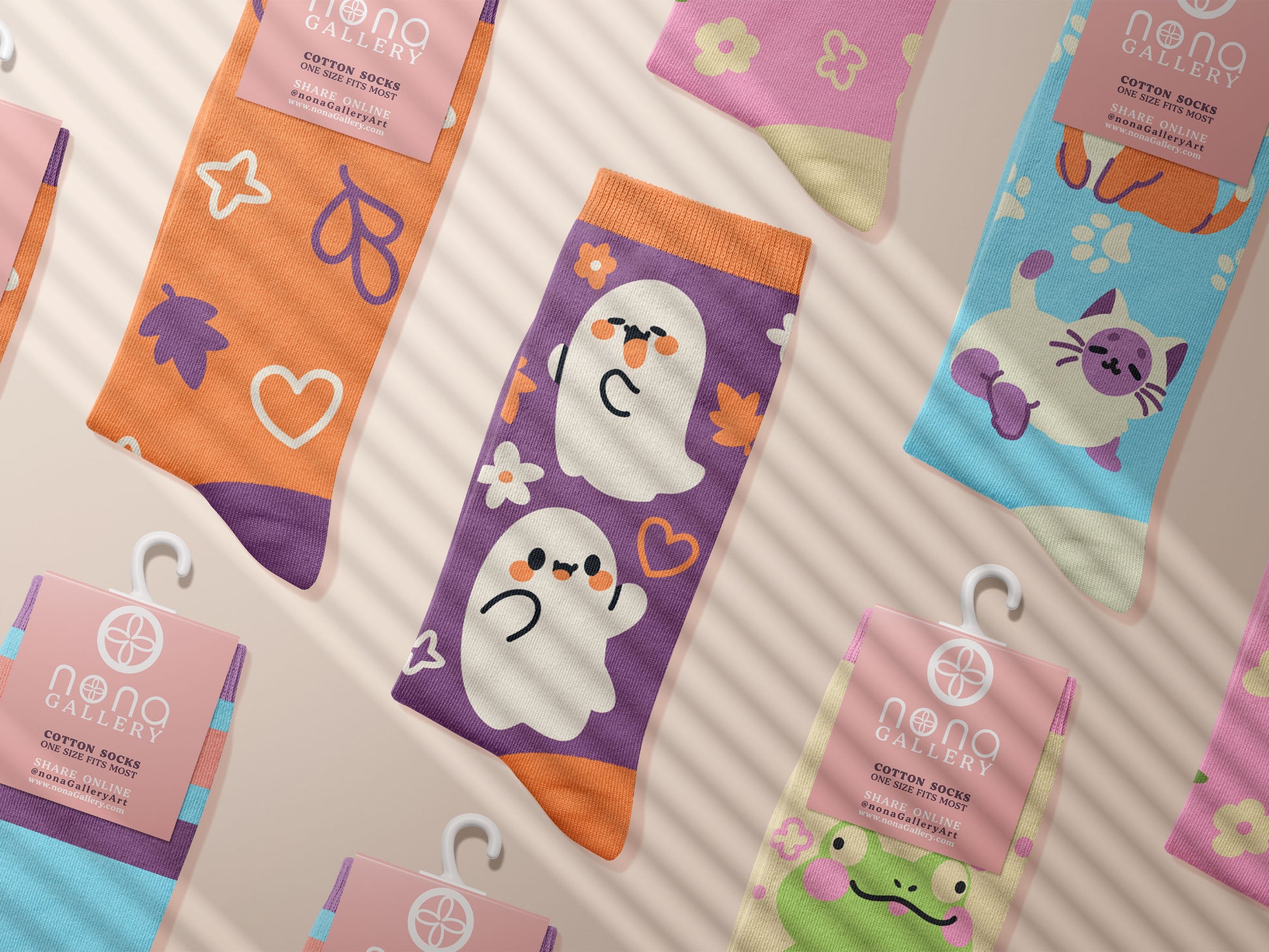 Multiple Cute knitted cotton crew socks with autumn-themed ghost designs, cute cats and kittens, and funny pastel frogs.
