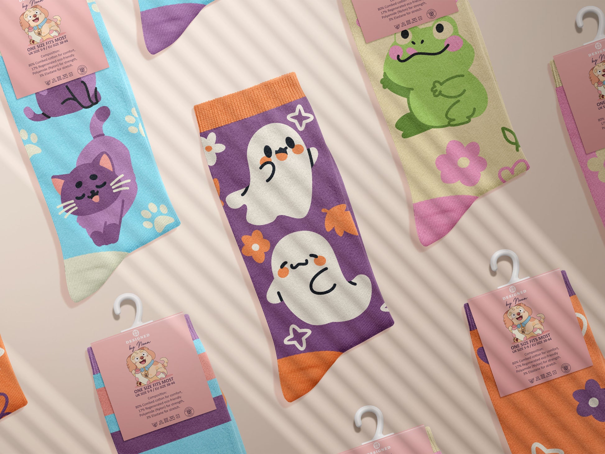 Multiple Cute knitted cotton crew socks with autumn-themed ghost designs, cute cats and kittens, and funny pastel frogs.