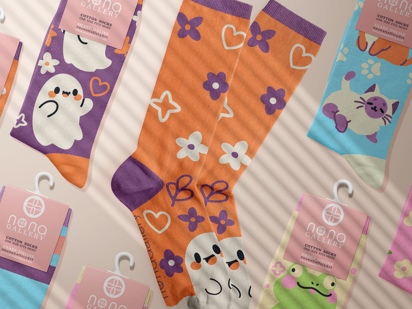 Multiple Cute knitted cotton crew socks with autumn-themed ghost designs, cute cats and kittens, and funny pastel frogs.