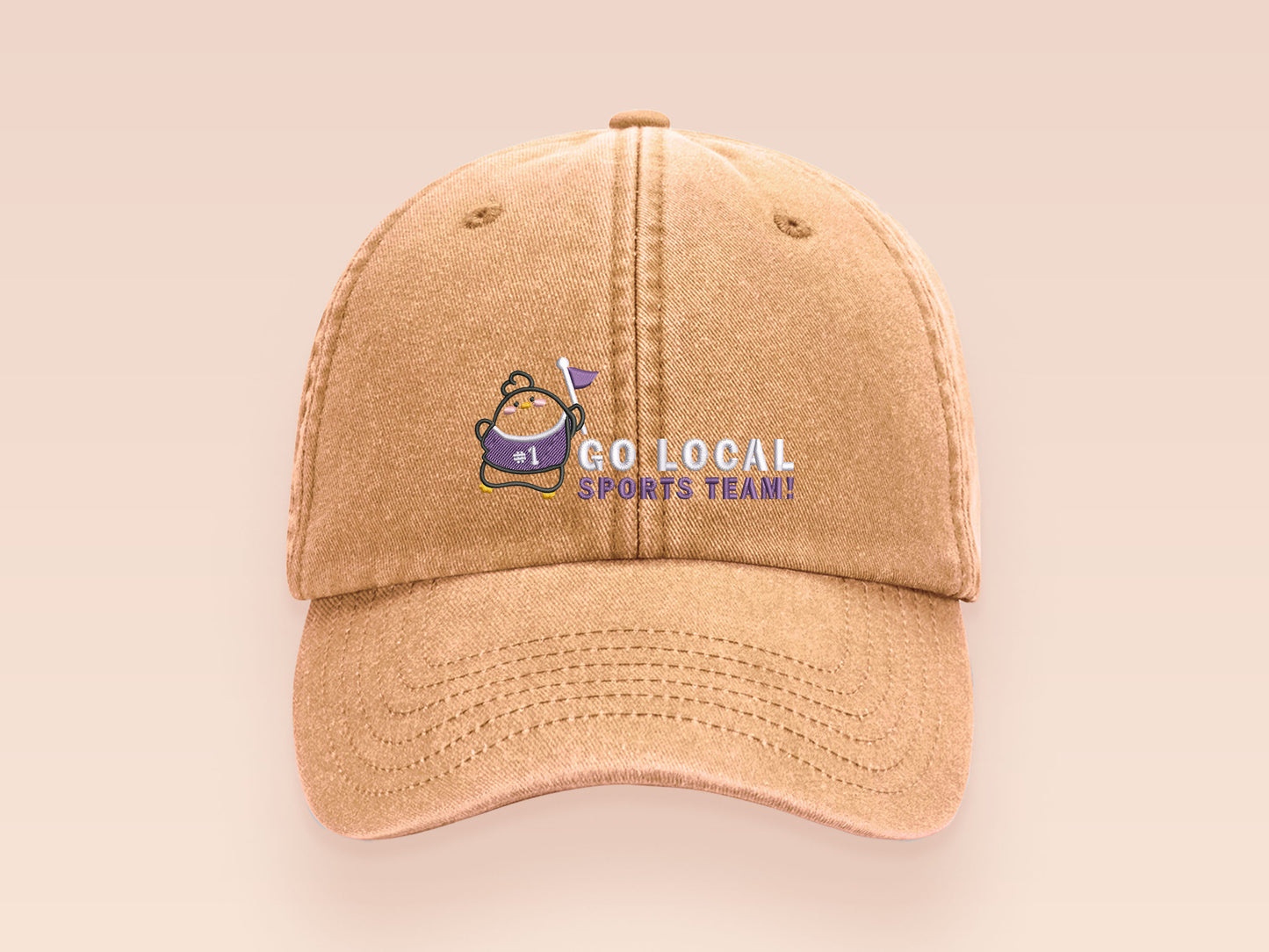 A vintage yellow baseball cap hat with an embroidered cute chicken bird wearing a #1 sports jersey and holding a flag with the quote Go Local Sports Team