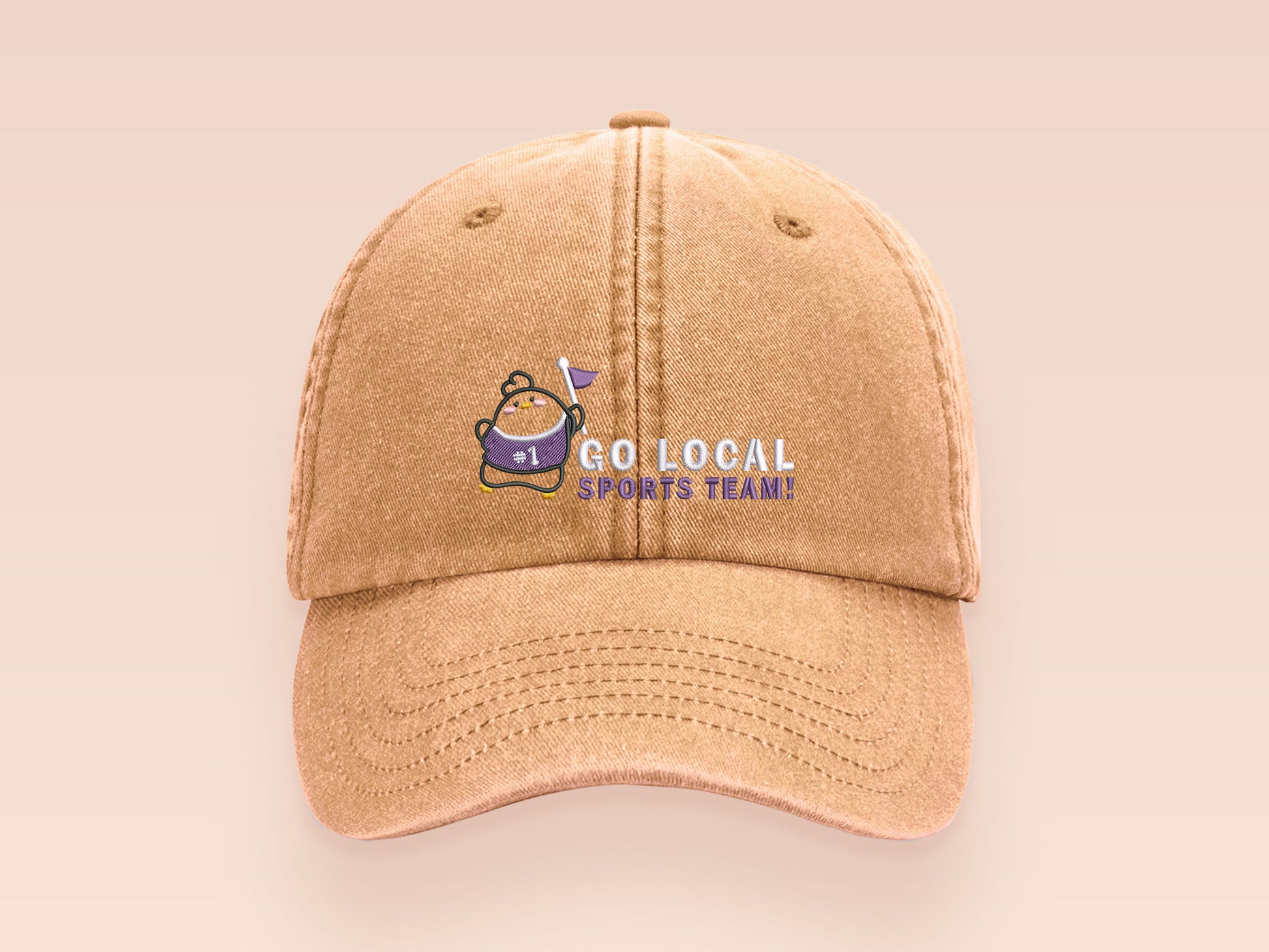 A vintage yellow baseball cap hat with an embroidered cute chicken bird wearing a #1 sports jersey and holding a flag with the quote Go Local Sports Team