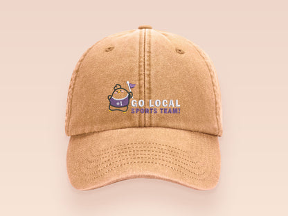 A vintage yellow baseball cap hat with an embroidered cute chicken bird wearing a #1 sports jersey and holding a flag with the quote Go Local Sports Team