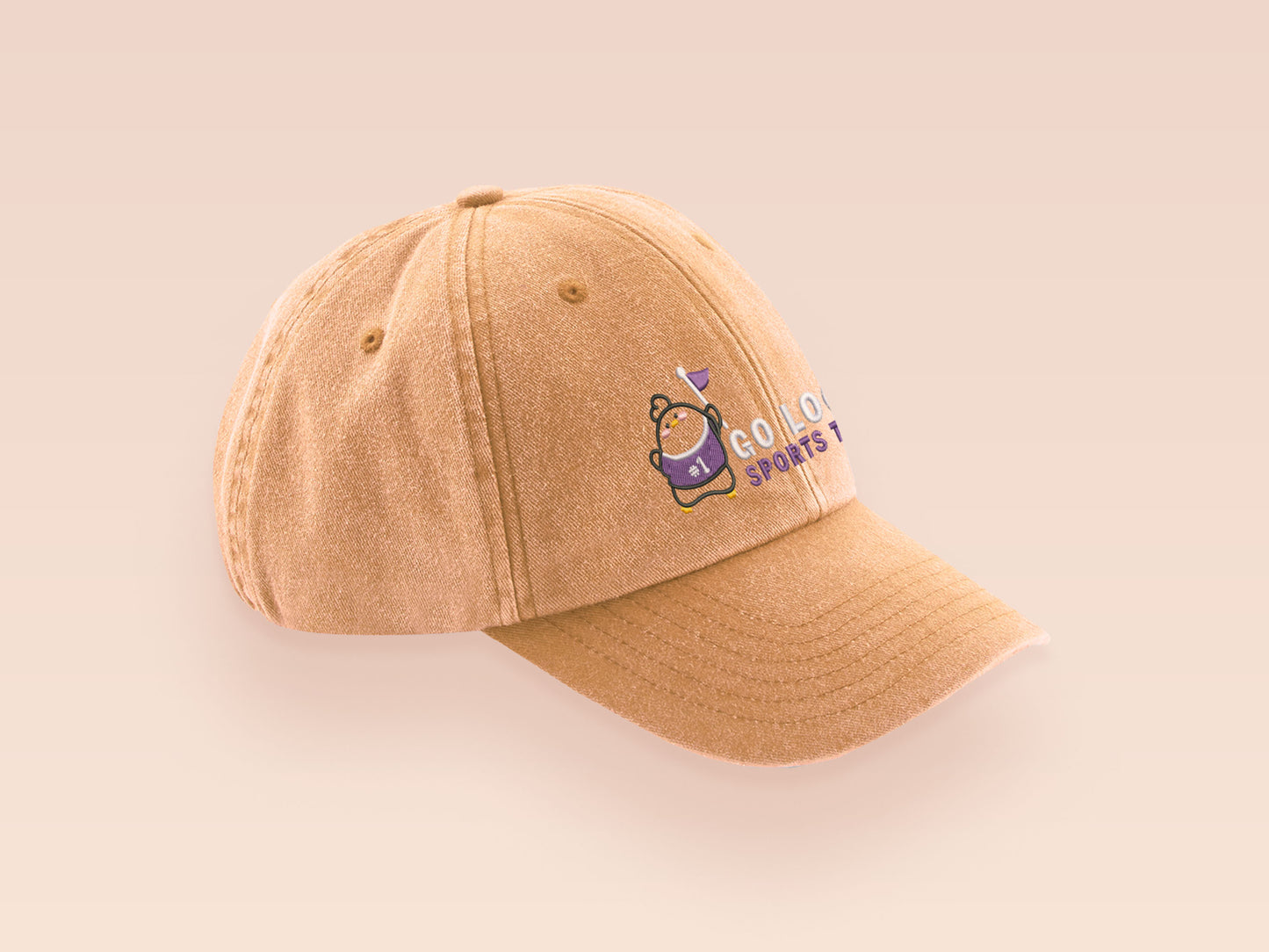 A vintage yellow baseball cap hat with an embroidered cute chicken bird wearing a #1 sports jersey and holding a flag with the quote Go Local Sports Team