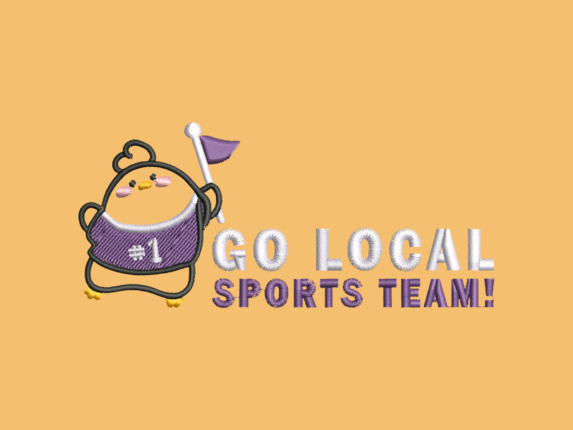 A vintage yellow baseball cap hat with an embroidered cute chicken bird wearing a #1 sports jersey and holding a flag with the quote Go Local Sports Team