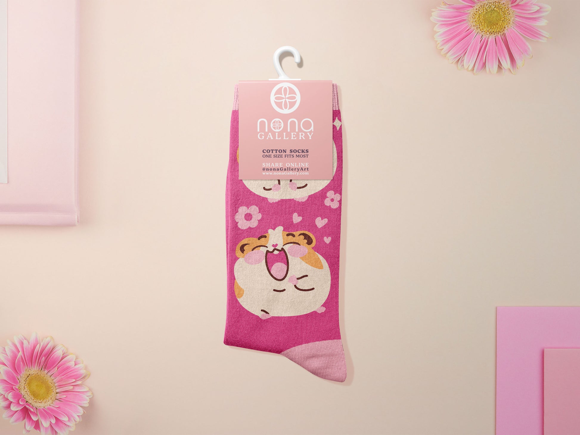 Cute knitted cotton crew socks with a baby guinea pig and hamster design.