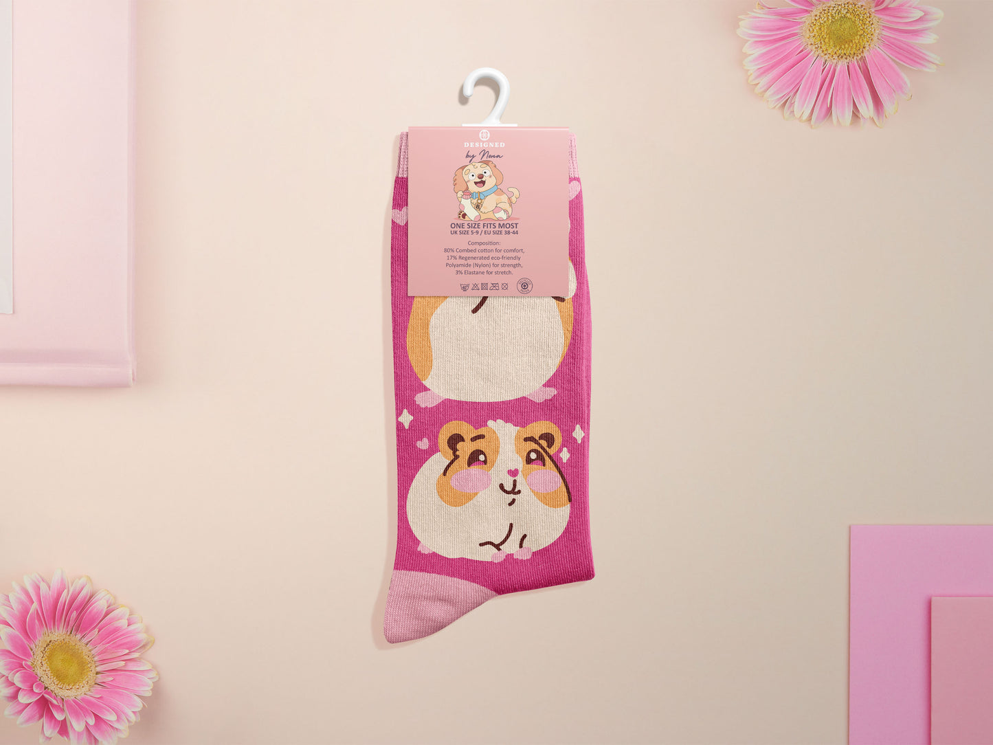 Cute knitted cotton crew socks with a baby guinea pig and hamster design.