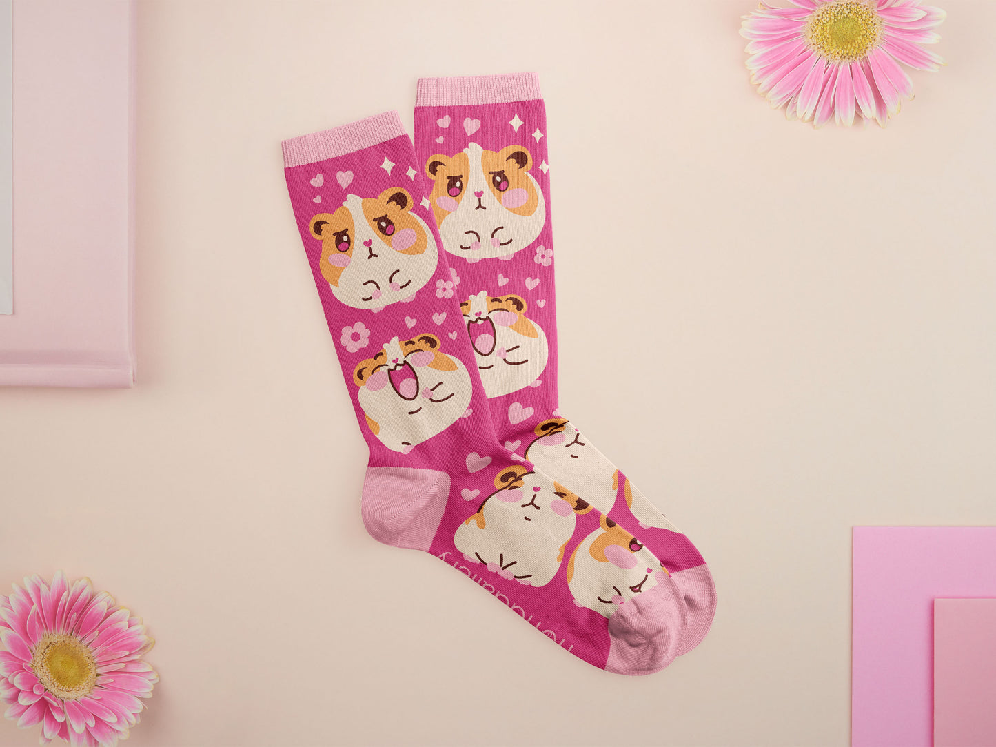 Cute knitted cotton crew socks with a baby guinea pig and hamster design.
