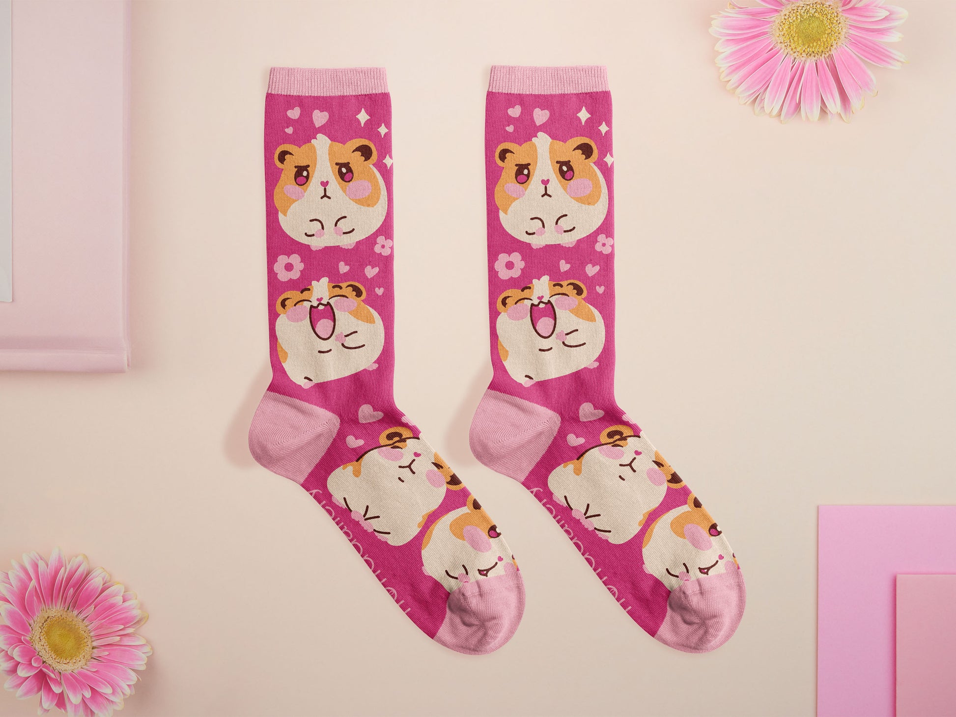 Cute knitted cotton crew socks with a baby guinea pig and hamster design.