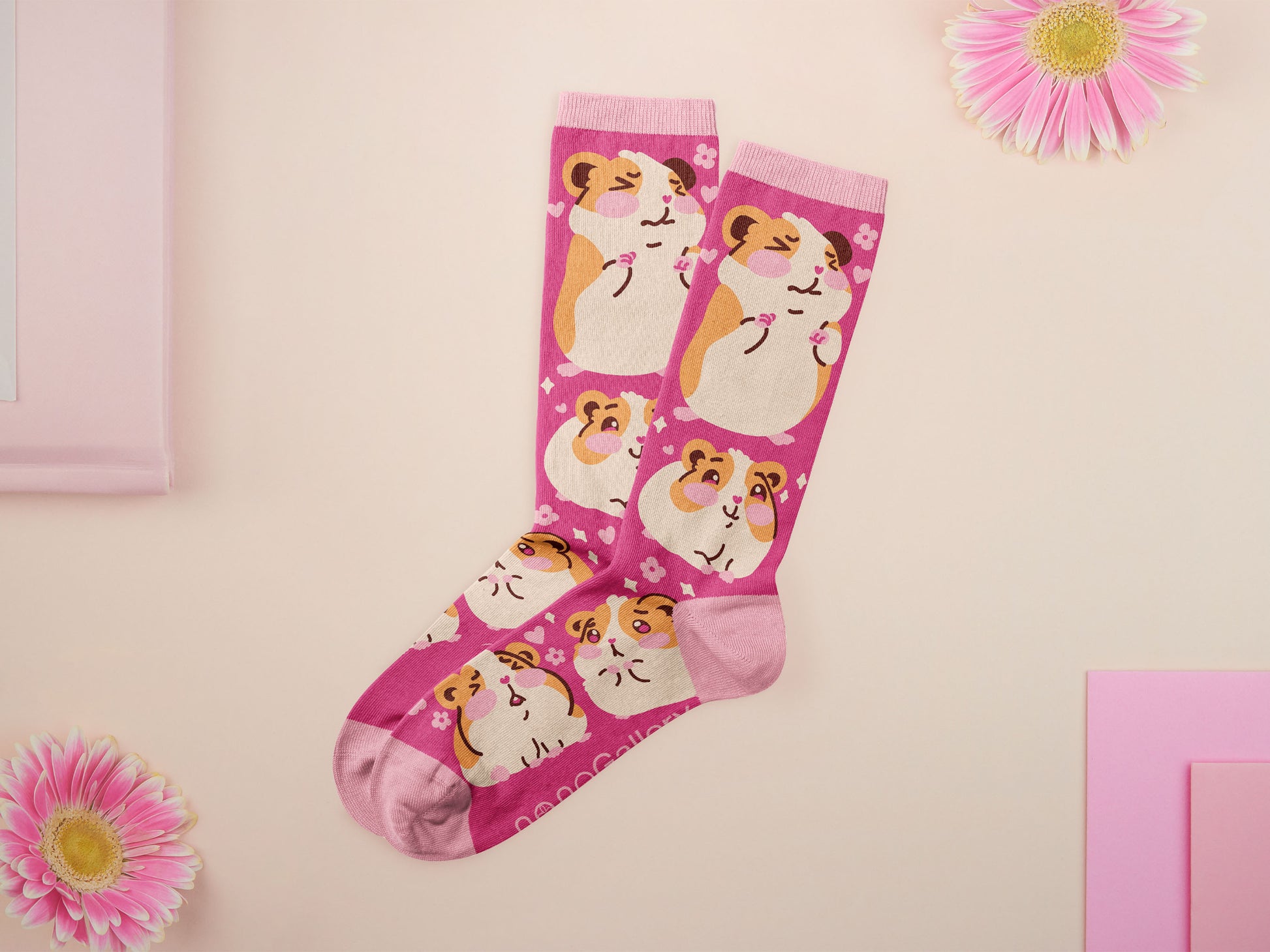 Cute knitted cotton crew socks with a baby guinea pig and hamster design.