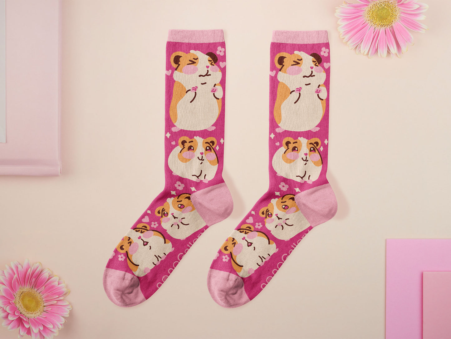 Cute knitted cotton crew socks with a baby guinea pig and hamster design.
