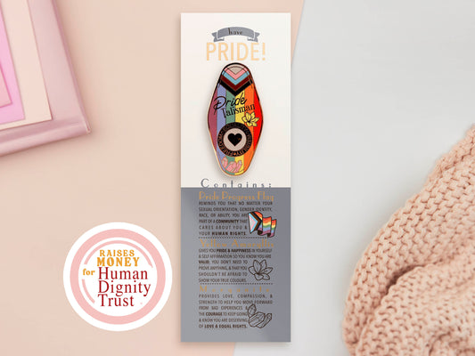 Gold Enamel Talisman Pin with progress pride flag design and the words Pride Talisman sits on a long white and grey backing card with gold accents. The backing card has details the symbolism of the different design elements of the Talisman pin.