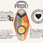 A illustrated diagram outline the symbolism of the different design elements of the for a Pride Talisman pin. Information includes the meaning of the Progress Pride Flag, Morganite and Yellow Amaryllis.