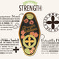 A detailed illustration outlining the symbolism of the the Strenght Talisman gold enamel pin on a gold foiled backing card that outlines the symbolism of the talisman