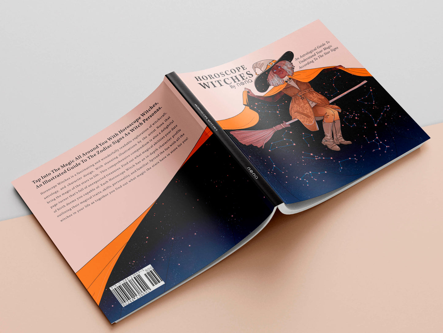 Book front and back cover a dark skinned witch flying on a broomstick with her cape flowing behind filled with the night sky zodiac consolations the title Horoscope Witches by nona, An astrological guide to understand your magic according to the star signs. 