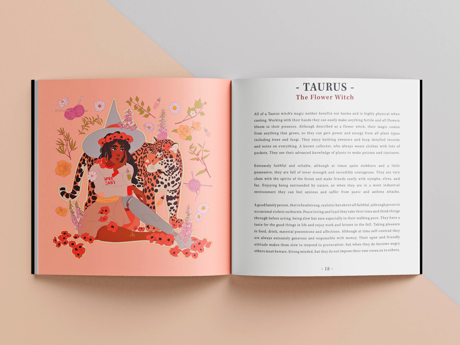 Inside pages of Horoscope Witches book showing a cartoon illustration and a page of text describing Taurus the Flower Witch.