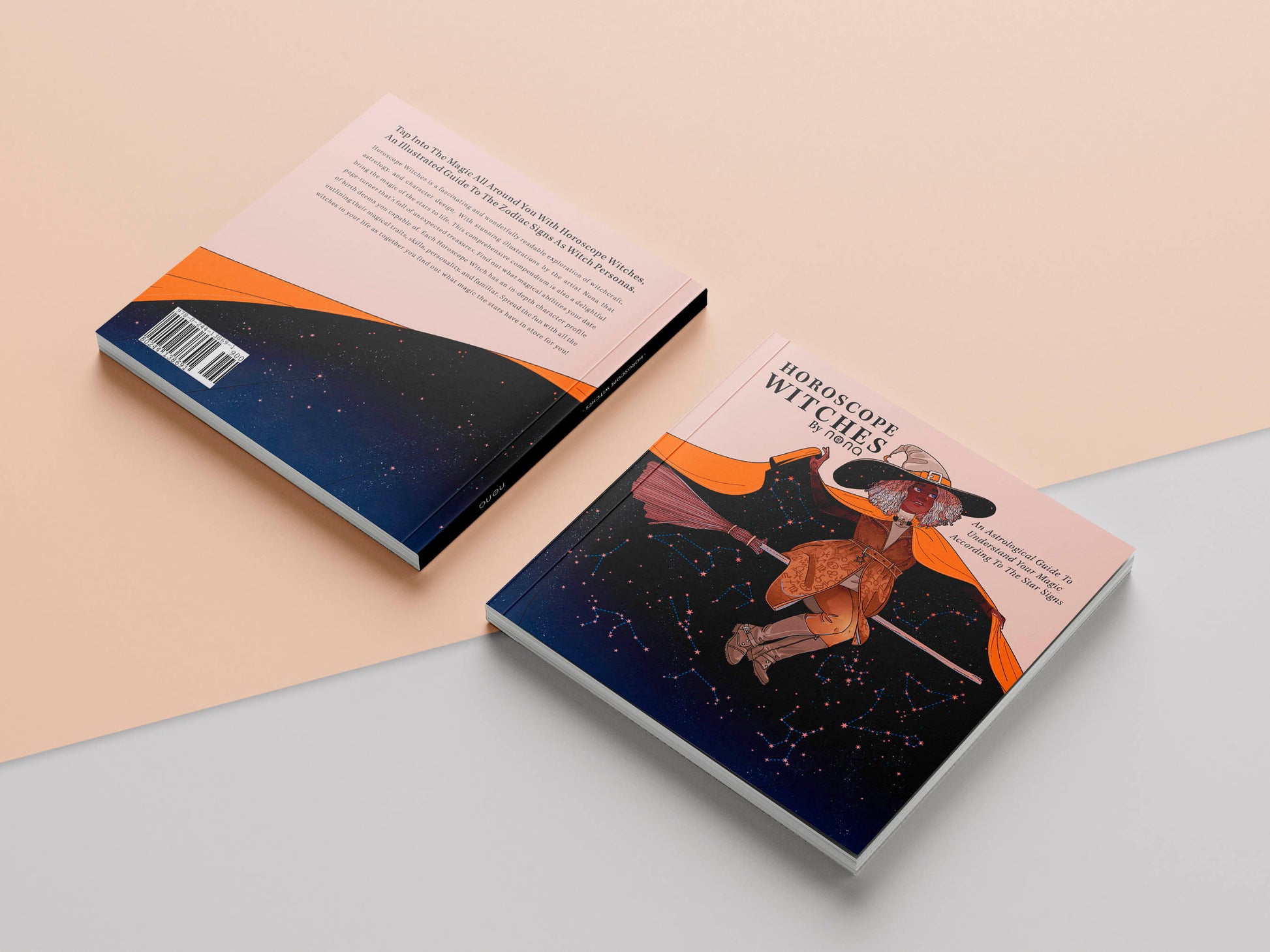 Book front and back cover of a witch flying on a broomstick with her cape flowing behind filled with the night sky zodiac consolations the title Horoscope Witches by nona, An astrological guide to understand your magic according to the star signs. 