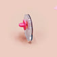 Clear acrylic pin badge with pink heart-shaped rubber pin back clasp. The design of the pin badge is a cute cartoon chibi Mothman cryptid with the quote I believe in Mothman and Mothman believes in me.