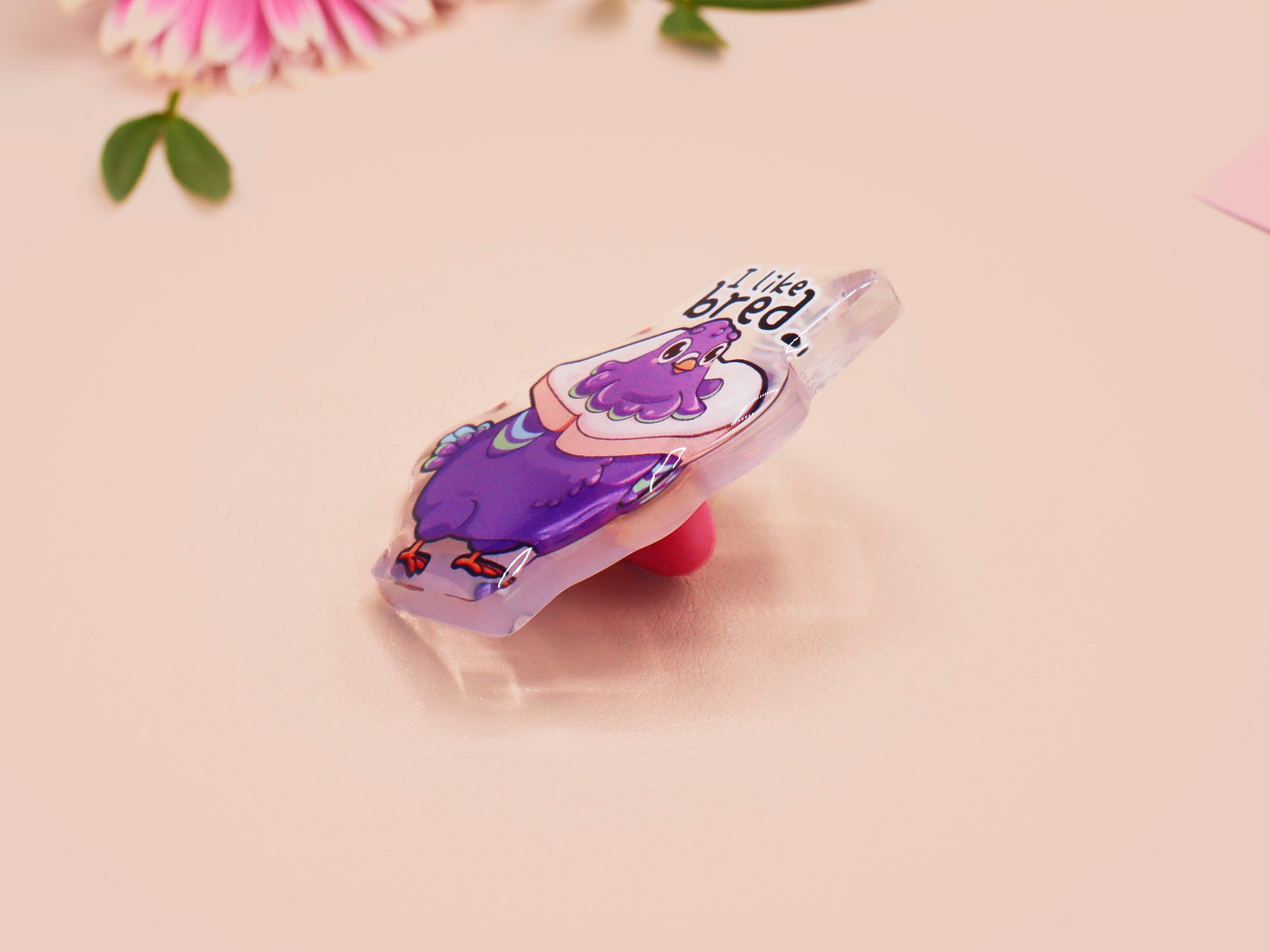 A transparent acrylic pin badge with a pink heart-shaped pin back clutch.The design of the pin badge is a cute cartoon pigeon with a slice of bread around it's neck with the quote I like bred.