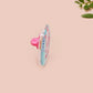 Clear acrylic pin badge with a pink heart-shaped rubber pin back clasp. The design of the pin badge is a cute chibi white cat in a retro astronaut suit with the quote I need space.