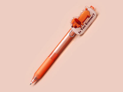 Orange ballpoint pen with black ink and a cute chibi dachshund sausage dog design.