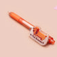 Orange ballpoint pen with black ink and a cute chibi dachshund sausage dog design.