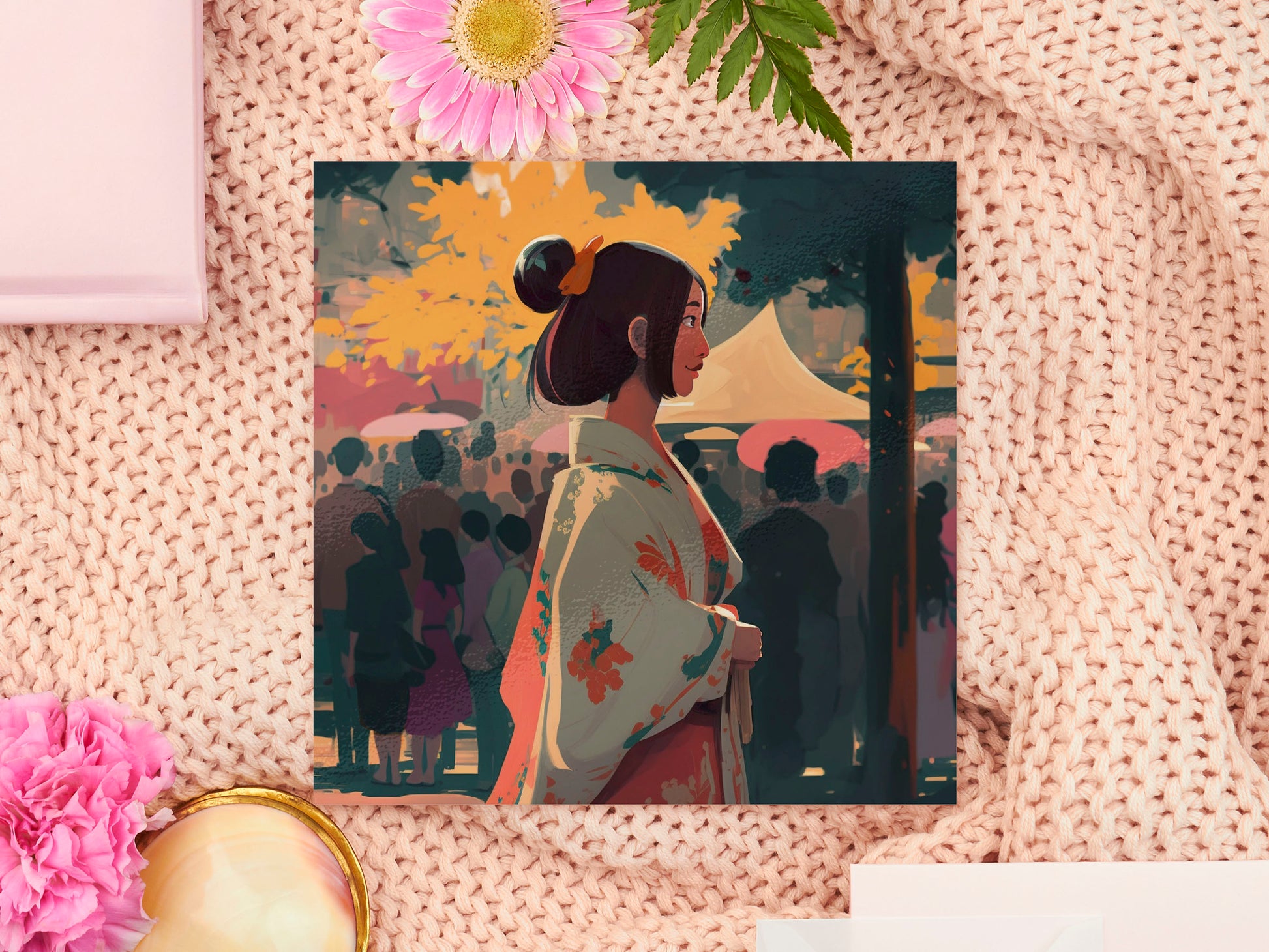 Digital Illustration Art Print of Japanese kitsune fox spirit girl at a Festival wearing a  Kimono