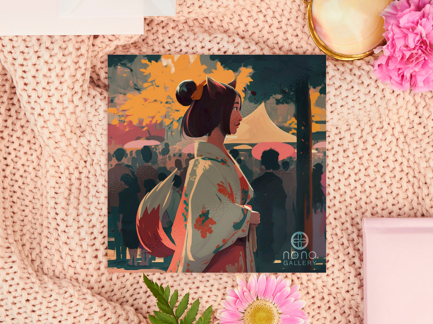 Digital Illustration Art Print of Japanese kitsune fox spirit girl at a Festival wearing a  Kimono with fox tail and ears showing