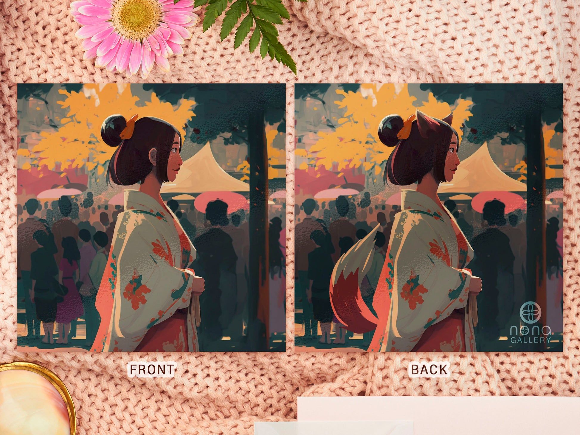 Digital Illustration double sided Art Print of Japanese kitsune fox spirit girl at a Festival wearing a  Kimono. Front side of print shows human girl, the back side shows her as a kitsune with fox tail and ears showing