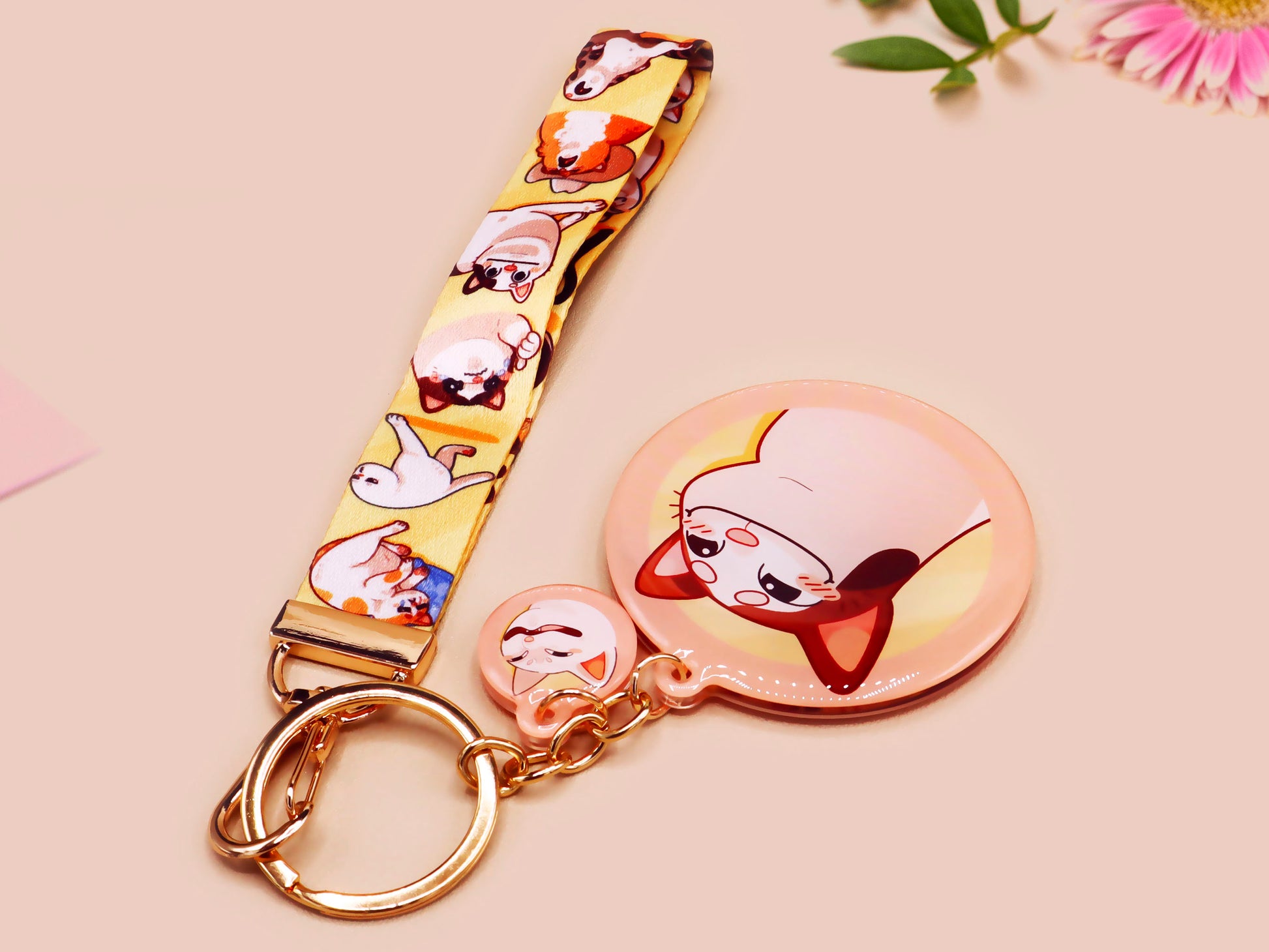 Acrylic epoxy meme cat keychain with a large acrylic charm of popcat , a smaller charm of smudge cat and a matching lanyard with multiple different internet famous meme cats.