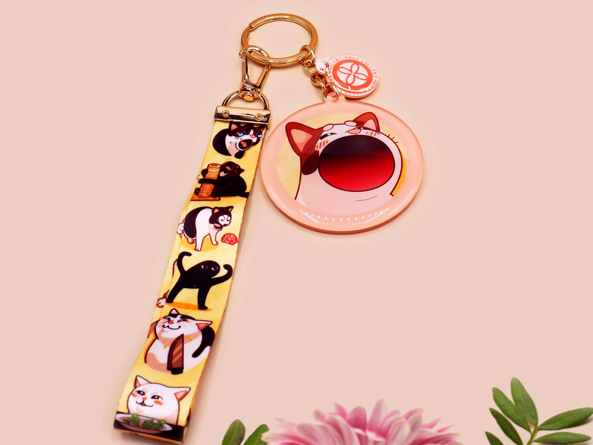 Acrylic epoxy meme cat keychain with a large acrylic charm of popcat , a smaller charm of smudge cat and a matching lanyard with multiple different internet famous meme cats.