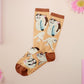 Cute knitted cotton crew socks with a design of various internet famous meme cats.