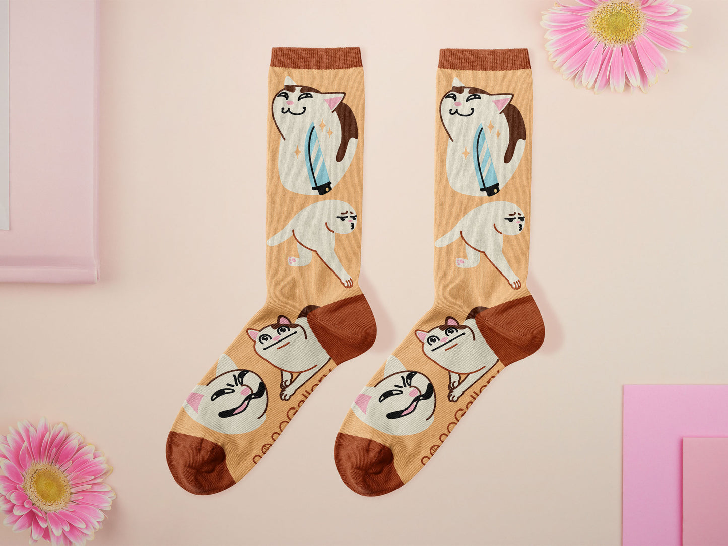 Cute knitted cotton crew socks with a design of various internet famous meme cats.