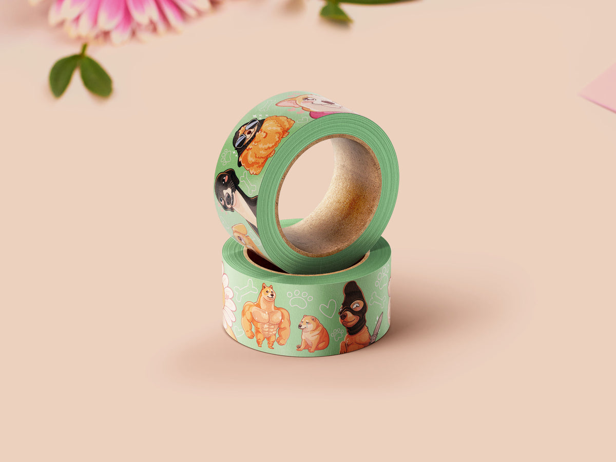 Cute green dog meme pattern washi tape.