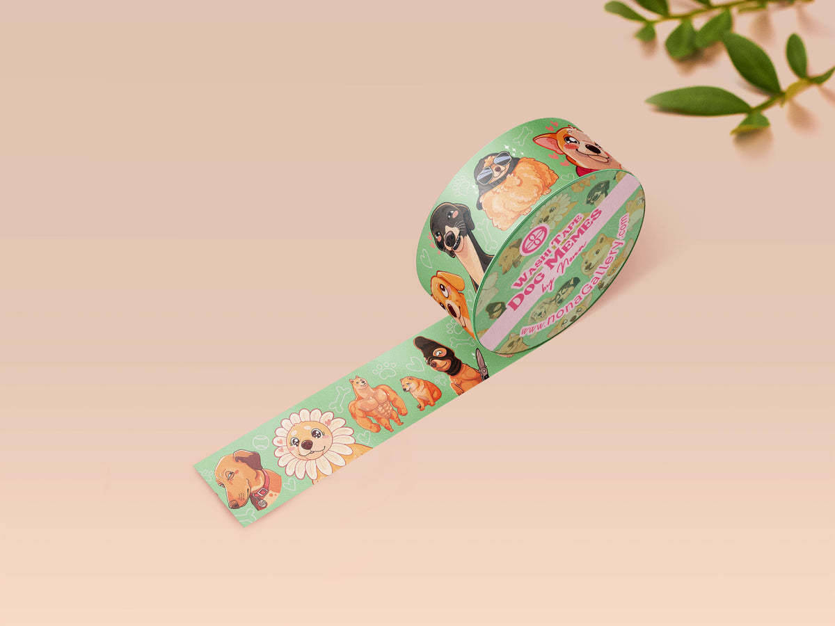 Cute green dog meme pattern washi tape.