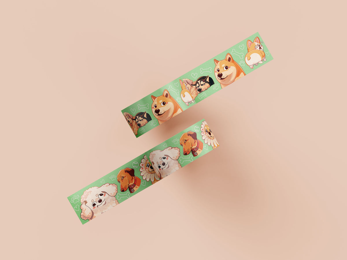 Cute green dog meme pattern washi tape.