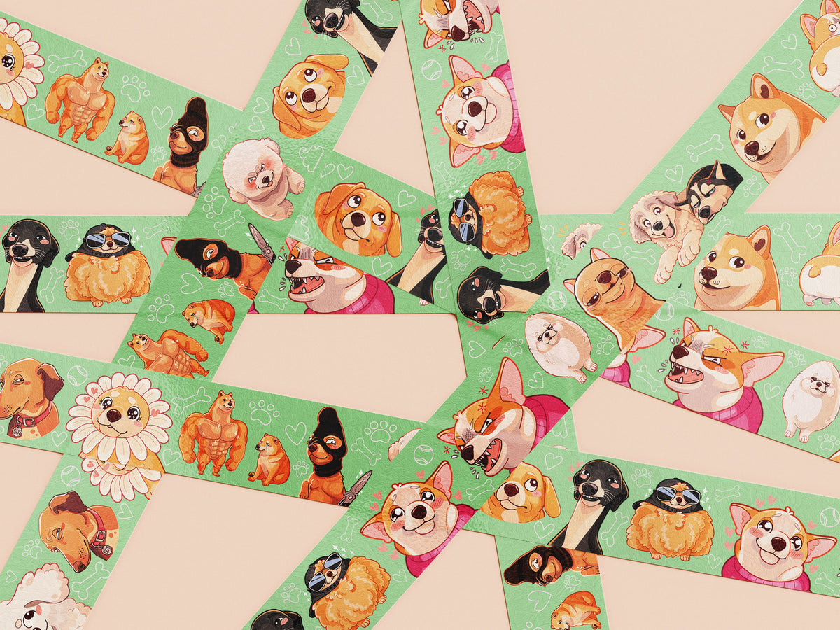 Cute green dog meme pattern washi tape.