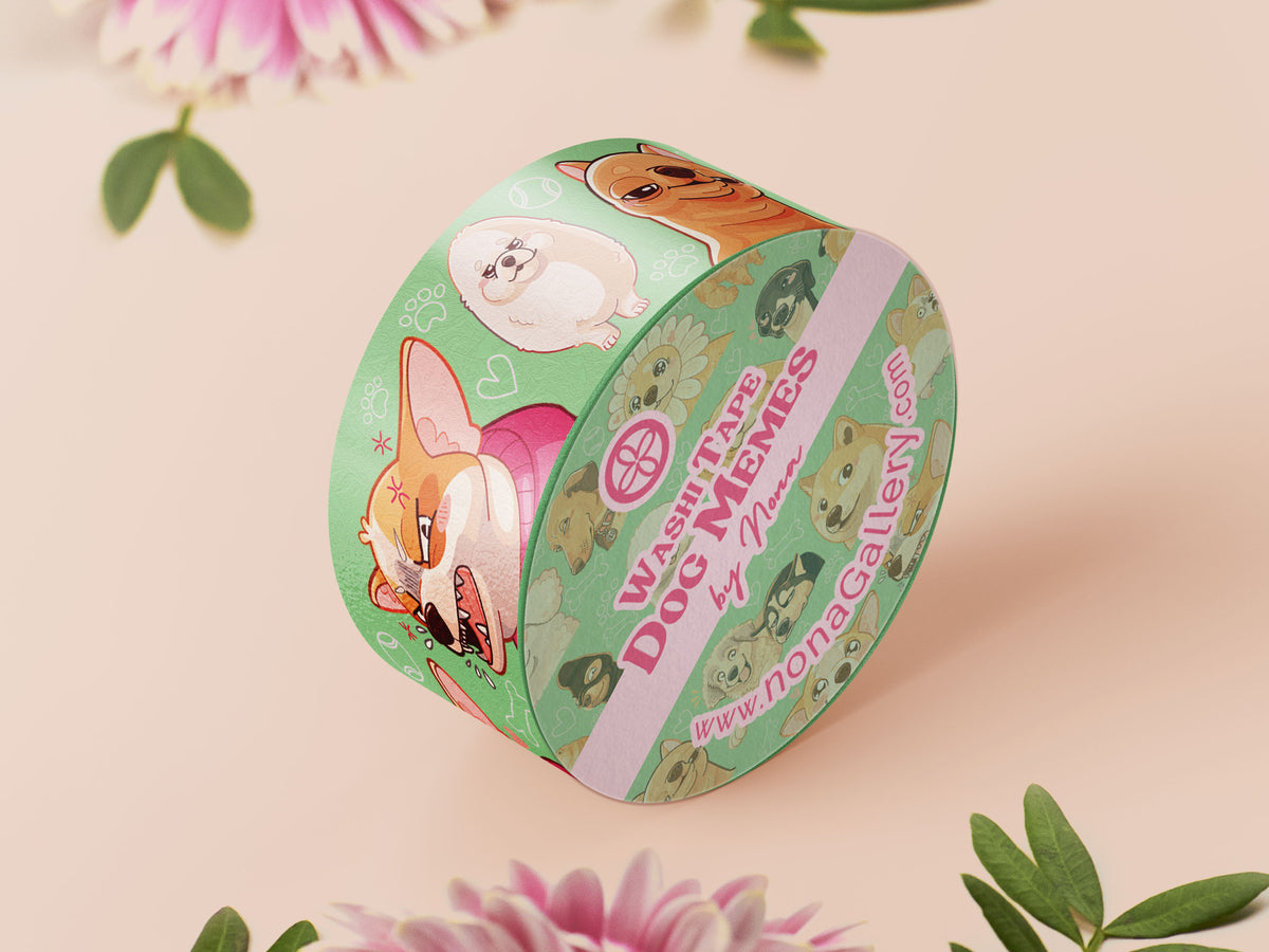 Cute green dog meme pattern washi tape.