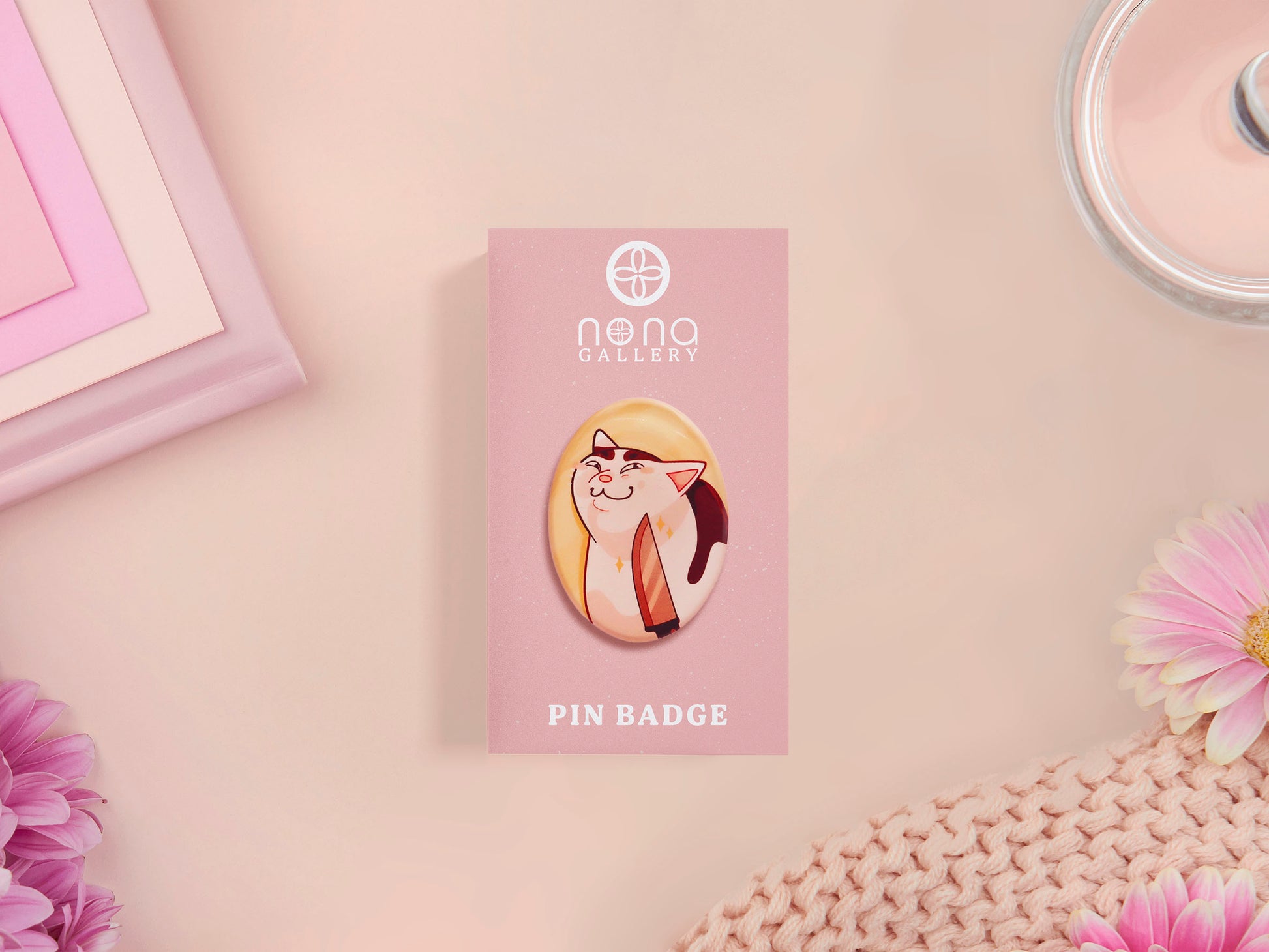 Clear acrylic pin badge with pink heart-shaped rubber pin back clasp. The design of the pin badge is a cute viral internet meme cat with a cheeky relatable reaction.