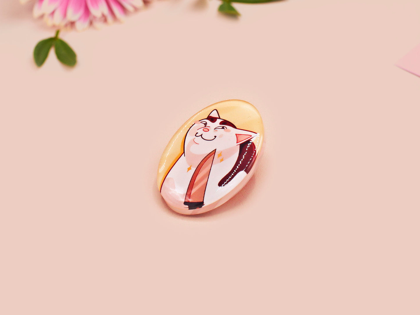 Clear acrylic pin badge with pink heart-shaped rubber pin back clasp. The design of the pin badge is a cute viral internet meme cat with a cheeky relatable reaction.
