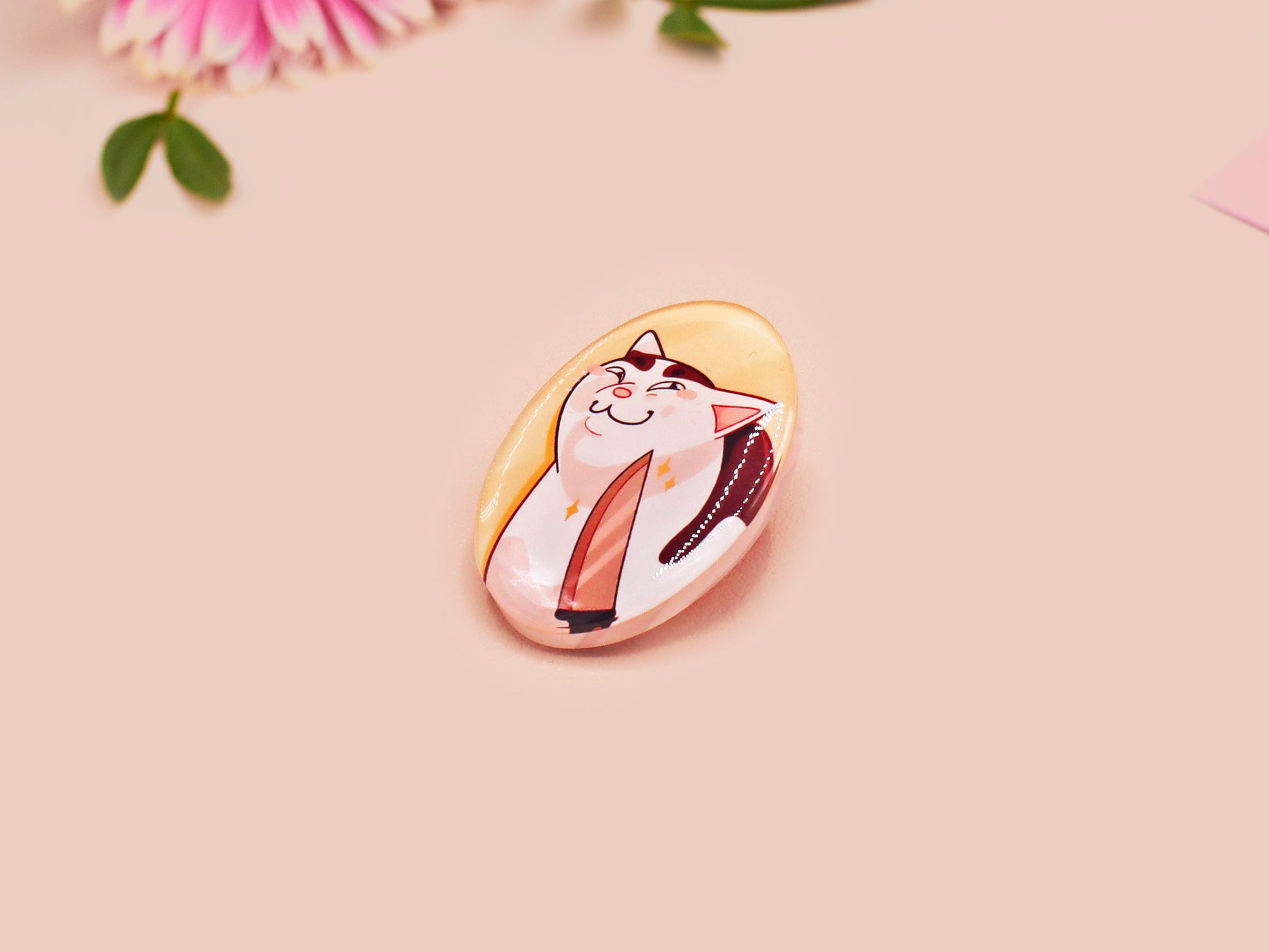 Clear acrylic pin badge with pink heart-shaped rubber pin back clasp. The design of the pin badge is a cute viral internet meme cat with a cheeky relatable reaction.