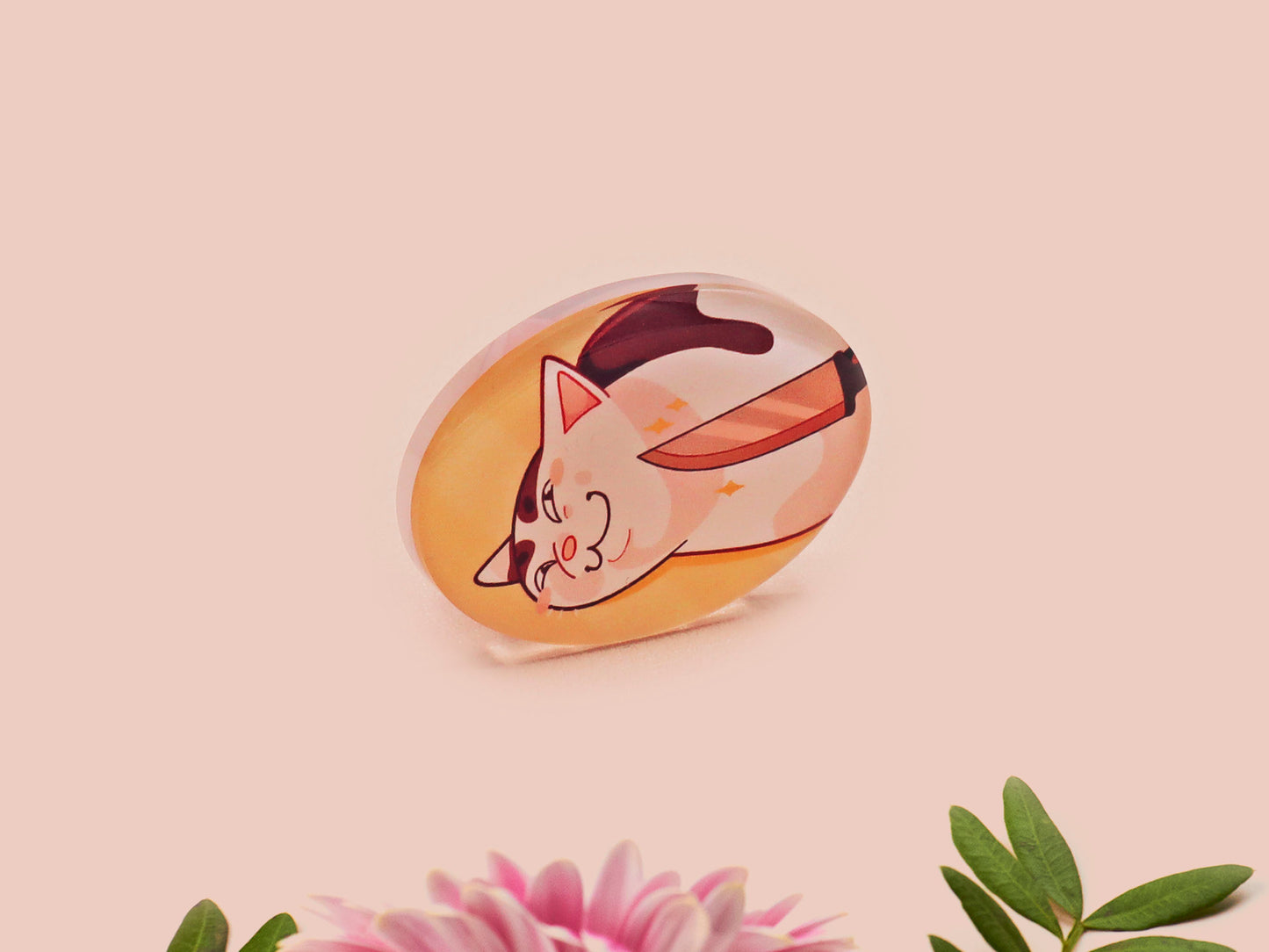 Clear acrylic pin badge with pink heart-shaped rubber pin back clasp. The design of the pin badge is a cute viral internet meme cat with a cheeky relatable reaction.