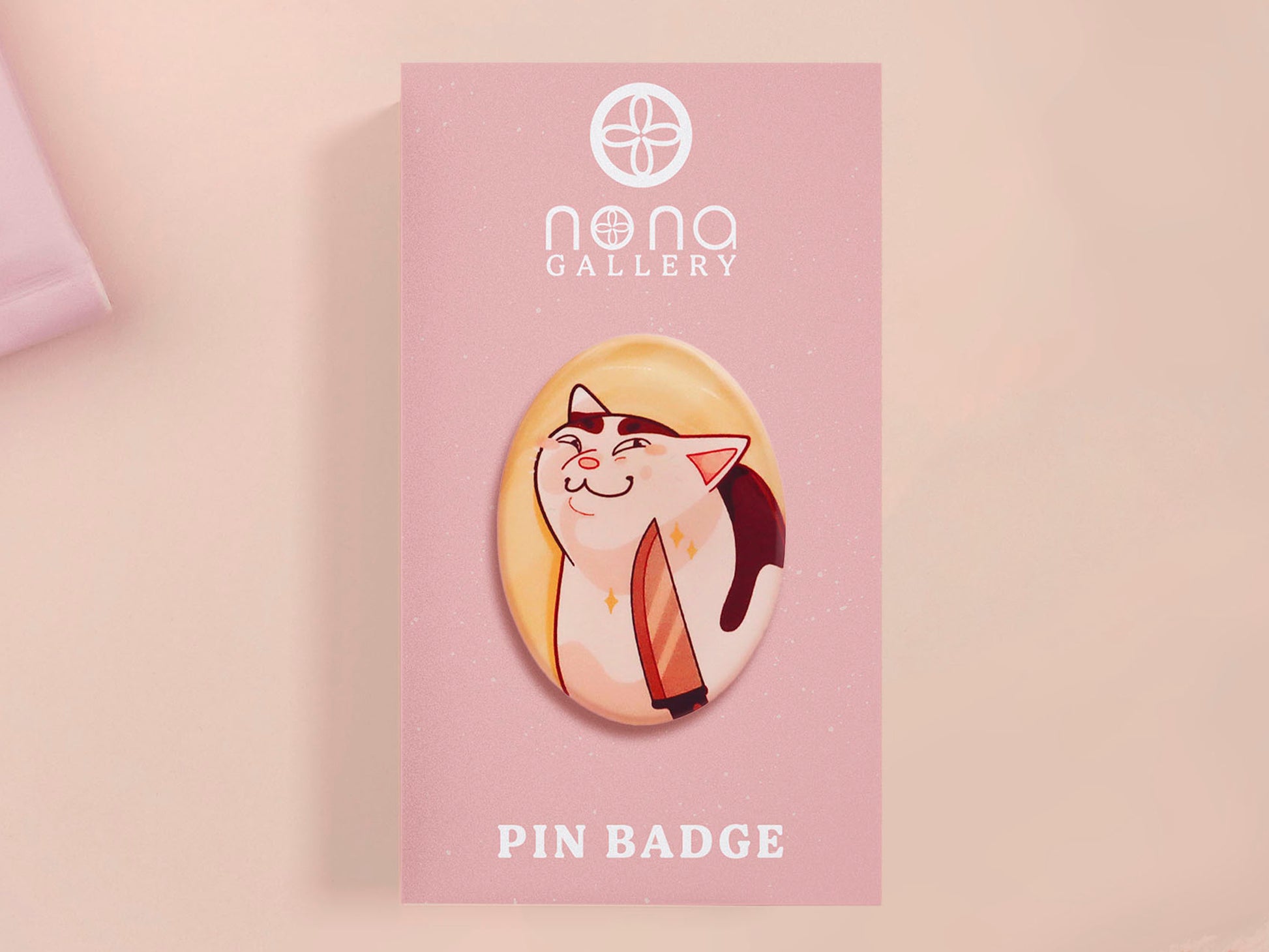 Clear acrylic pin badge with pink heart-shaped rubber pin back clasp. The design of the pin badge is a cute viral internet meme cat with a cheeky relatable reaction.