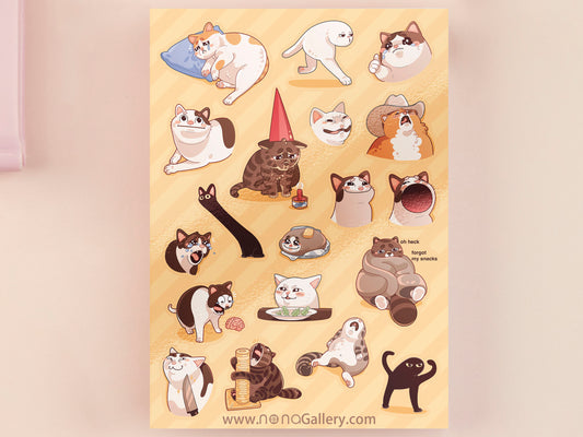 Cute large waterproof gloss vinyl sticker sheet of multiple funny famous viral internet cats